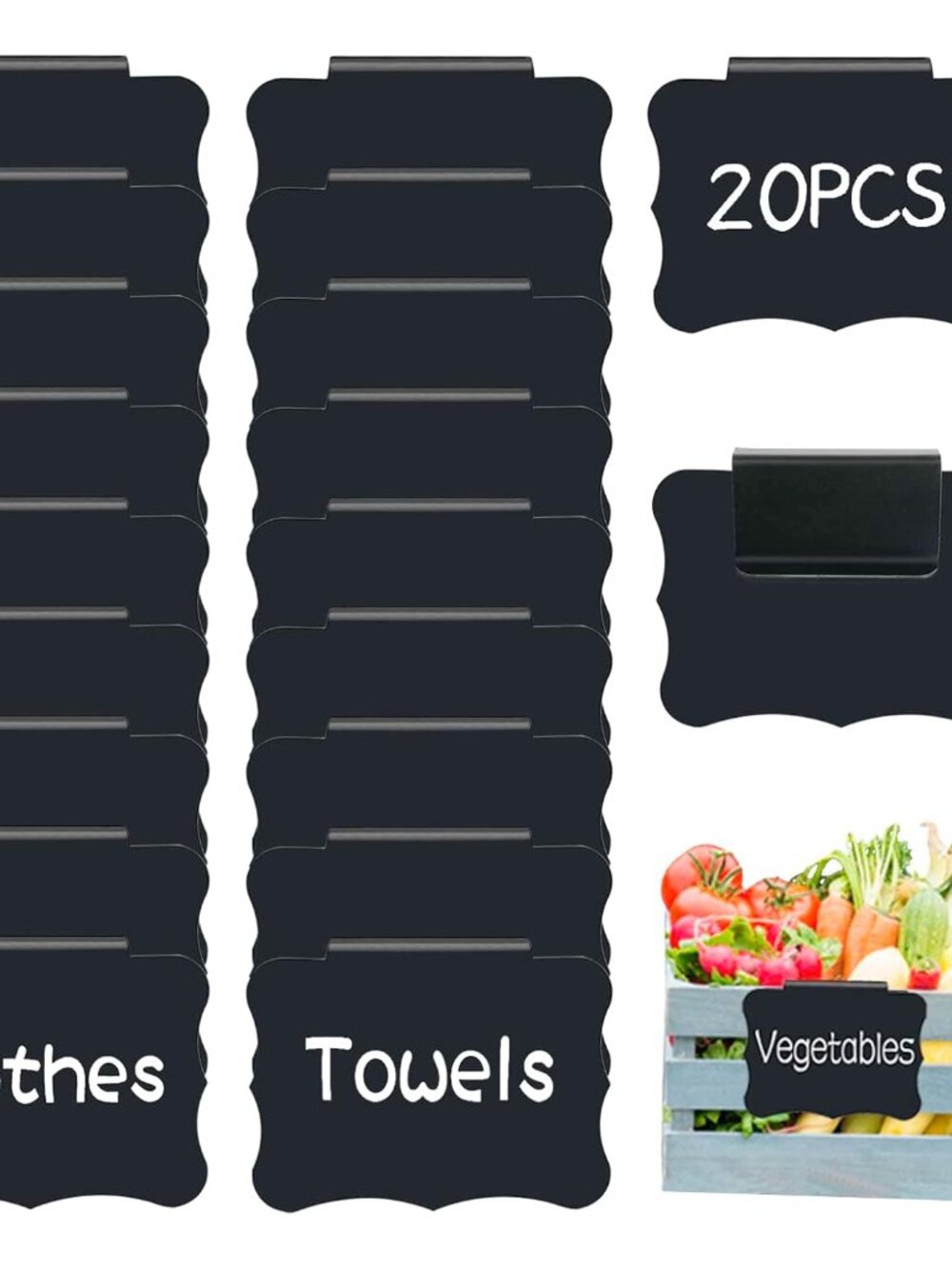 Reusable Storage Bin Labels - Clip On Closet & Basket Holder with 2 White Chalk